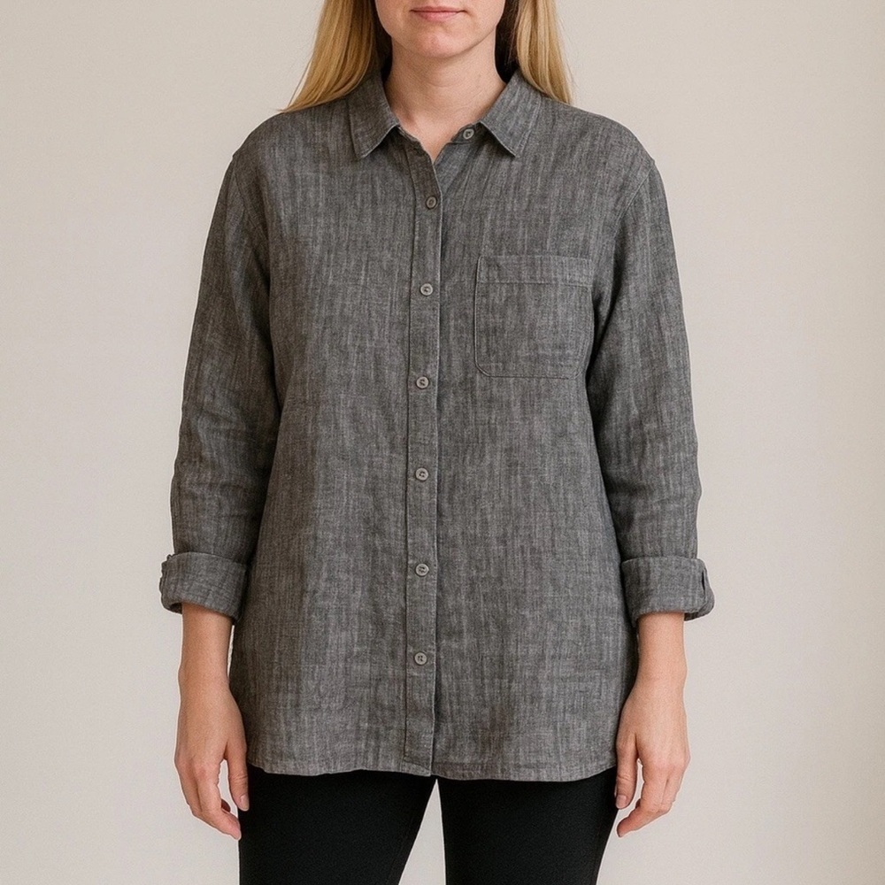 J.Jill Love Linen Gray Button-Up Shirt Women’s Size M Long Sleeve